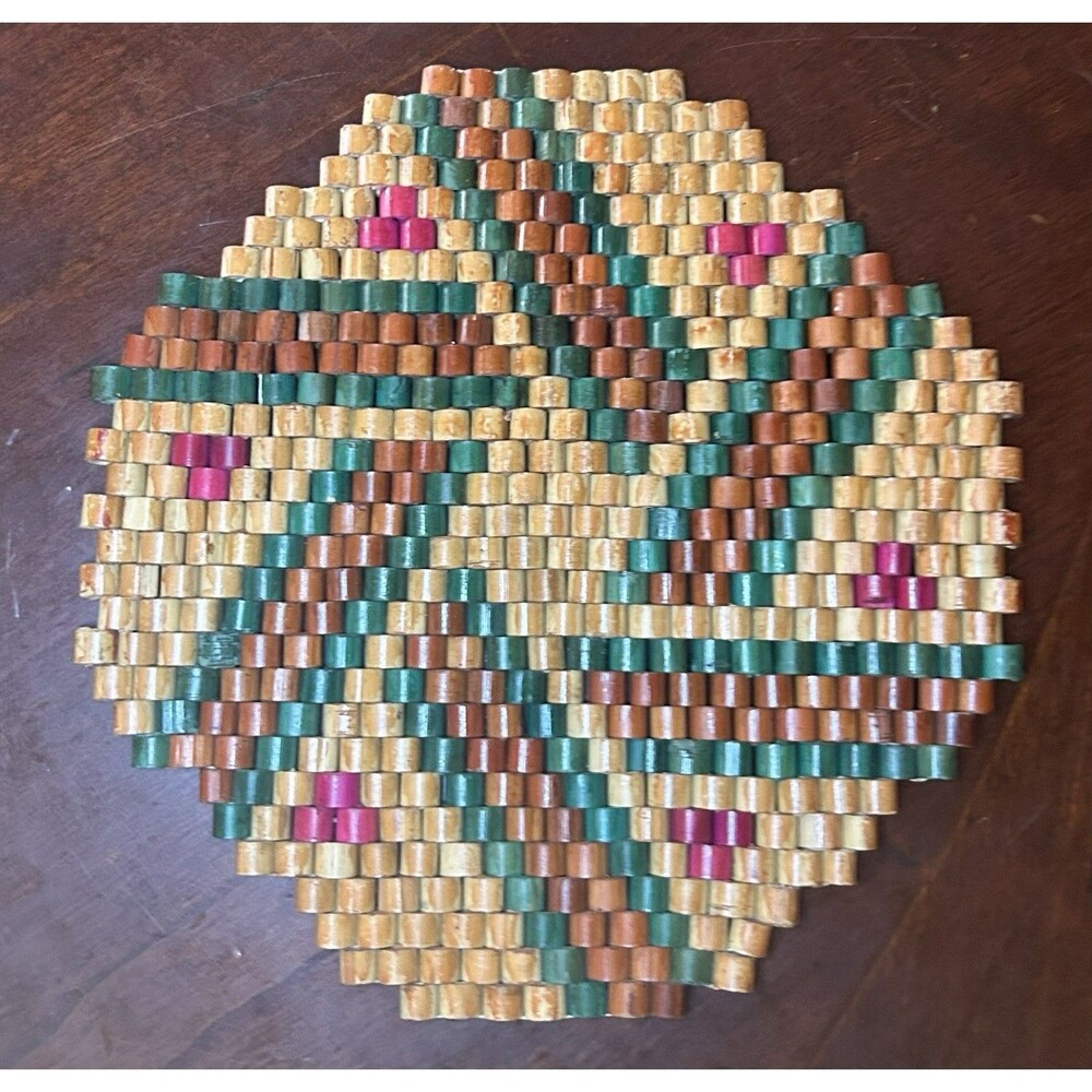 Vintage Folk Art Wood Retro Hot Pad TRIVET Wooden BEADED Beads‎